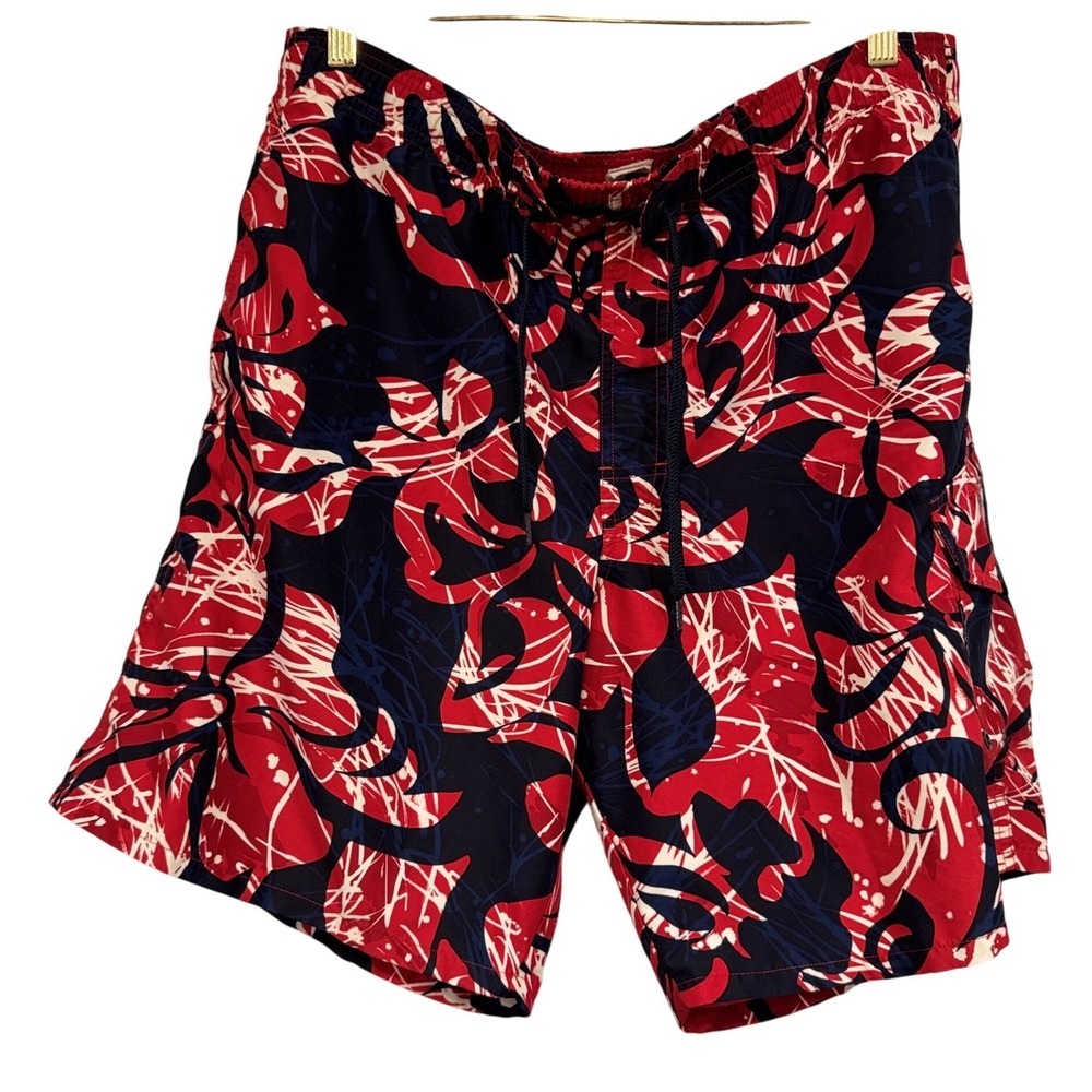 Speedo Mens Swim Trunks Red Navy White Abstract Floral Mesh Lined Board Shorts M